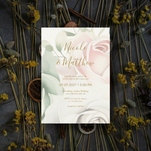 Roze Rozen & Gouden Script Gepersonaliseerde bruil Kaart