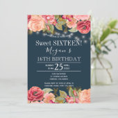 Roze rozen gouden snaarlampen blauw zoet 16 kaart (Staand voorkant)