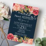 Roze rozen gouden snaarlampen blauw zoet 16 kaart<br><div class="desc">Luxe elegante  romantische stijl,  zoete sjabloon van zestien partijen met een wazige roze en perzige gouden pony-rozen en bloei-grenzen en gouden rustige snaren of touwlichten op een middernachtelijke blauwe achtergrond. — De uitnodiging is geschikt voor lente- of zomernacht,  rustige of tuinbouwpartijen.</div>
