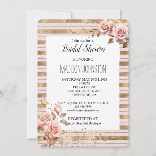 Roze Rozen Gouden Strepen Glitter Bruidsfeest Kaart (Voorkant)