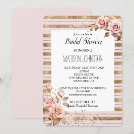 Roze Rozen Gouden Strepen Glitter Bruidsfeest Kaart