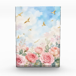 Roze Rozen & Gouden Vogels Waterverf Bloemen  Fotoblokken