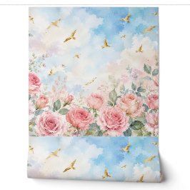 Roze Rozen & Gouden Vogels Waterverf Bloemstuk  Behang