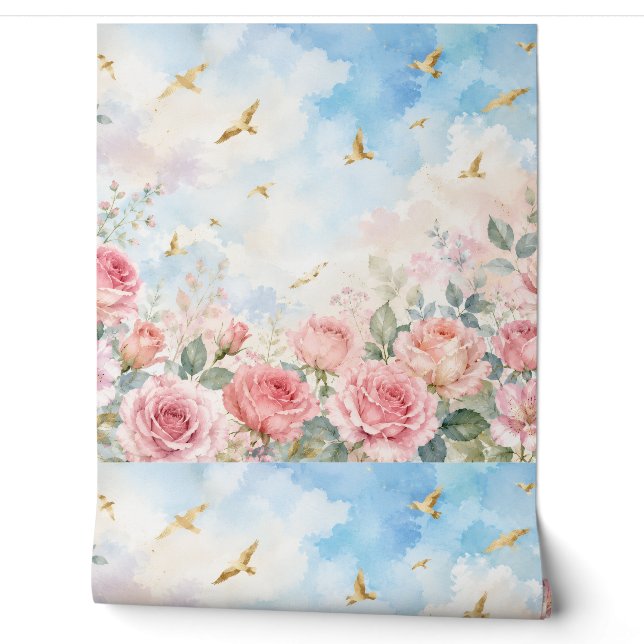 Roze Rozen & Gouden Vogels Waterverf Bloemstuk  Behang (Afrollen)