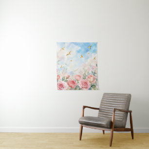 Roze Rozen & Gouden Vogels Waterverf Bloemstuk Wandkleed