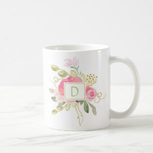 Roze rozen gouden vonken groene bladeren monogram  koffiemok