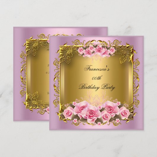 roze rozen goudfeest kaart (Voorkant / Achterkant)