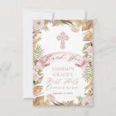 Roze rozen | Grassen Floral Eerste Heilige Communi Bedankkaart (Voorkant)