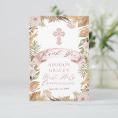 Roze rozen | Grassen Floral Eerste Heilige Communi Bedankkaart (Staand voorkant)