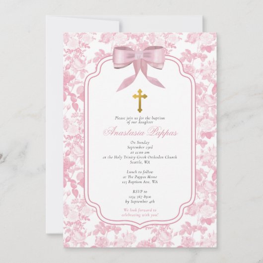 Roze rozen Grieks-orthodoxe doop Kaart (Voorkant)