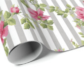 roze rozen grijze streep cadeaupapier (Rol Hoek)