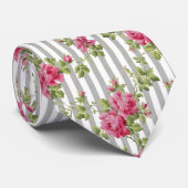  roze rozen grijze streep stropdas (Opgerold)