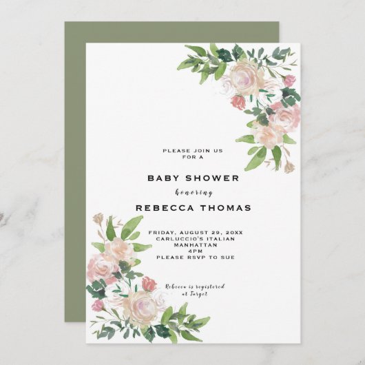 Roze rozen groen baby shower uitnodiging (Voorkant / Achterkant)
