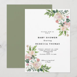 Roze rozen groen baby shower uitnodiging