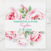 Roze rozen & groen blad Bruiloft datum Wijn Etiket (Enkel label)
