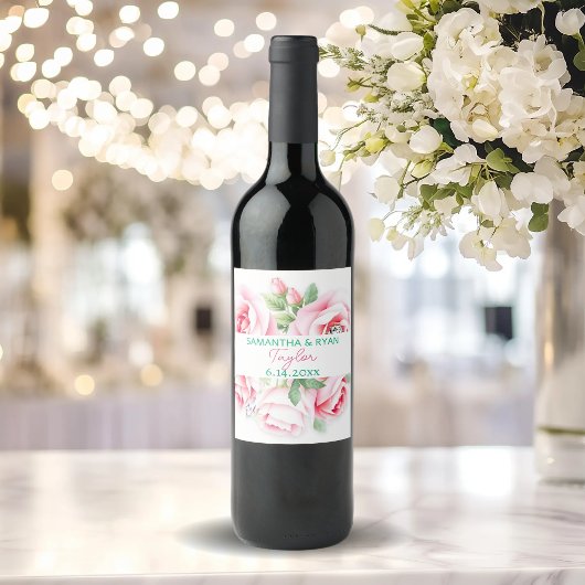 Roze rozen & groen blad Bruiloft datum Wijn Etiket
