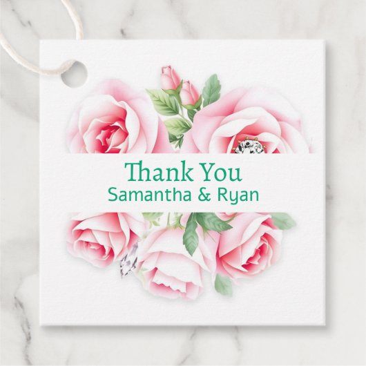 Roze Rozen & Groen Bladerdak bruiloft Dank u Bedankjes Labels (Voorkant)