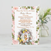 Roze Rozen Groen Paaseieren Nest Chick Floral Kaart (Staand voorkant)