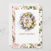 Roze Rozen Groen Paaseieren Nest Chick Floral Kaart (Achterkant)