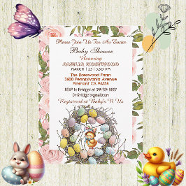 Roze Rozen Groen Paaseieren Nest Chick Floral Kaart