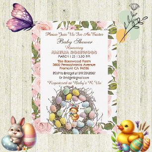 Roze Rozen Groen Paaseieren Nest Chick Floral Kaart