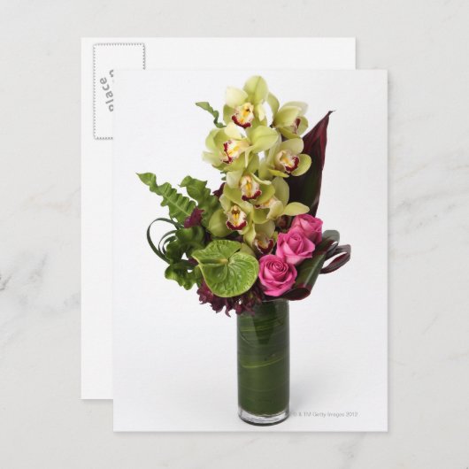 Roze rozen, groene anthuriums, cymbidium orchideeë briefkaart (Voorkant / Achterkant)