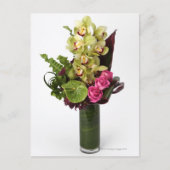 Roze rozen, groene anthuriums, cymbidium orchideeë briefkaart (Voorkant)