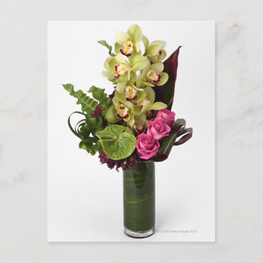 Roze rozen, groene anthuriums, cymbidium orchideeë briefkaart (Voorkant)