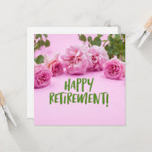 Roze rozen Happy Retirement op roze achtergrond Kaart (Voorkant / Achterkant in situ)