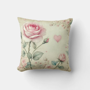 Roze rozen hart bloemige pastel waterverf kussen