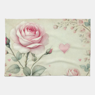 Roze rozen hart bloemige pastel waterverf theedoek