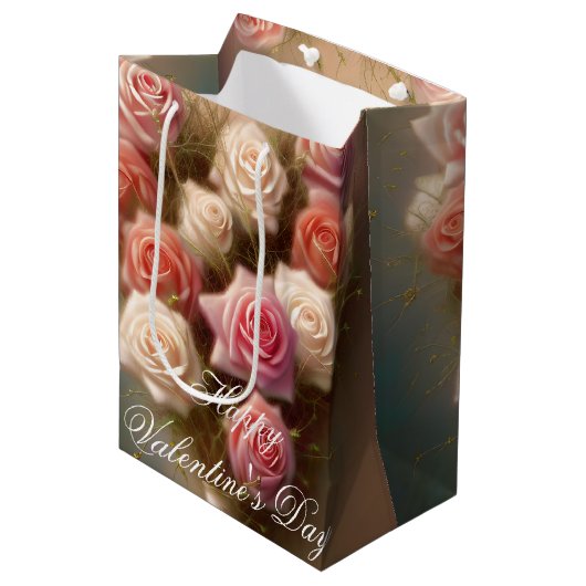 Roze rozen hart bouquet valentijn medium cadeauzakje (Voorkant Gekanteld)