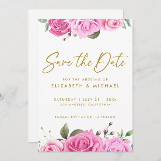 Roze Rozen Huwelijk Opsparen Tot Datum Uitnodiging (Voorkant / Achterkant)
