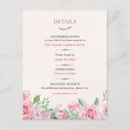 Roze Rozen Huwelijksdetails Kaart | Bewerkbare Blo