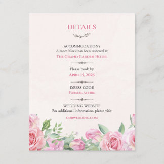 Roze Rozen Huwelijksdetails Kaart | Bewerkbare Blo