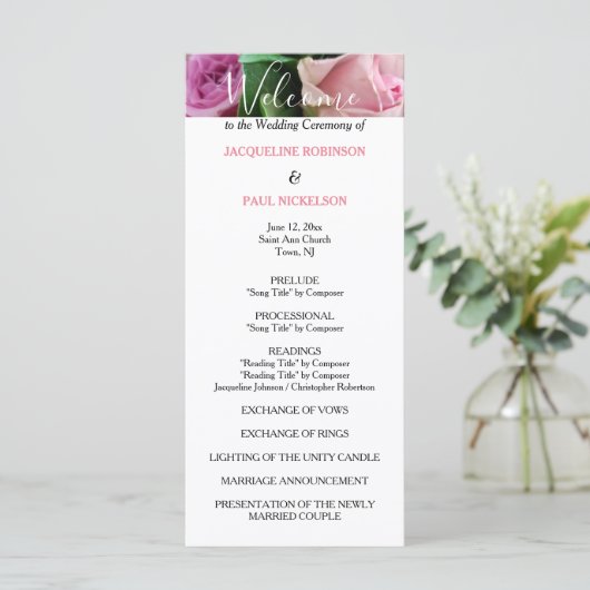 Roze Rozen Huwelijksprogramma Programmakaart (Staand voorkant)