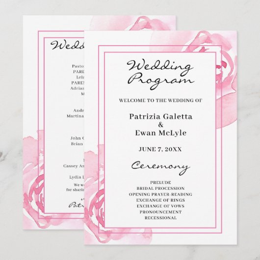 Roze Rozen Huwelijksprogramma Programmakaart (Voorkant / Achterkant)