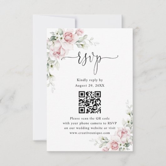 Roze Rozen Huwelijkswebsite QR Code RSVP Kaart (Voorkant)