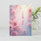 Roze rozen ik hou van jou feestdagenkaart (Staand voorkant)