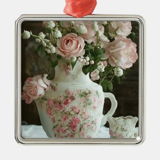  Roze Rozen in  Antiek China Theepot Metalen Ornament (Voorkant)