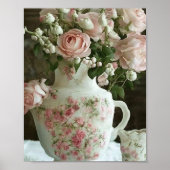 Roze Rozen in  Antiek China Theepot Poster (Voorkant)