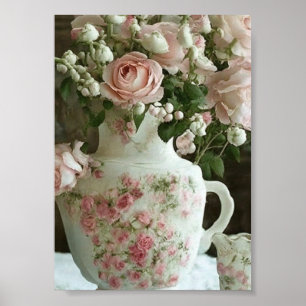 Roze Rozen in  Antiek China Theepot Poster