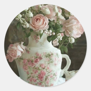  Roze Rozen in  Antiek China Theepot Ronde Sticker
