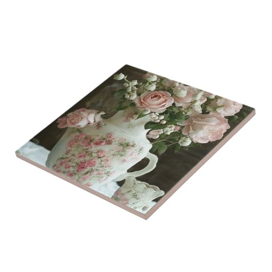  Roze Rozen in  Antiek China Theepot Tegeltje (Zijkant)