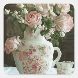  Roze Rozen in  Antiek China Theepot Vierkante Sticker