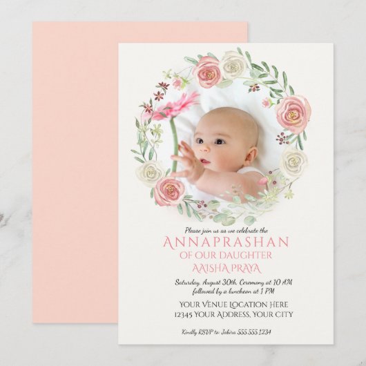 Roze Rozen in de ivoor, met de indruk Annaprashan Kaart (Voorkant / Achterkant)