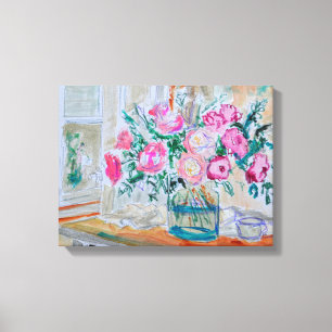 Roze rozen in glazen vaas canvas afdruk