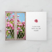 Roze rozen in venster jubileum kaart (Binnen)