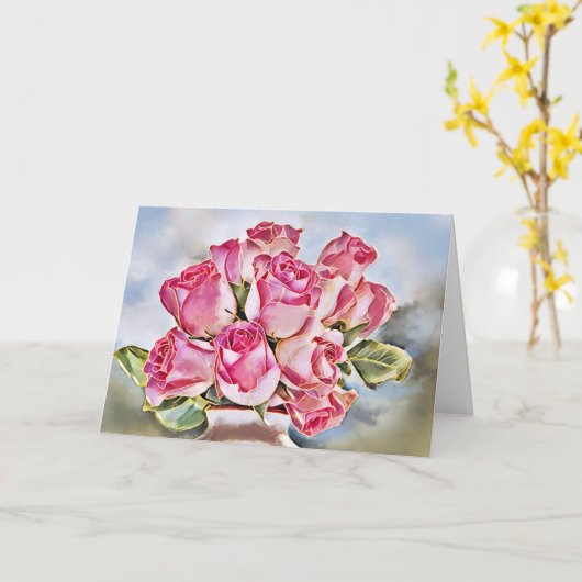 Roze Rozen Kaart (Gele Bloem)