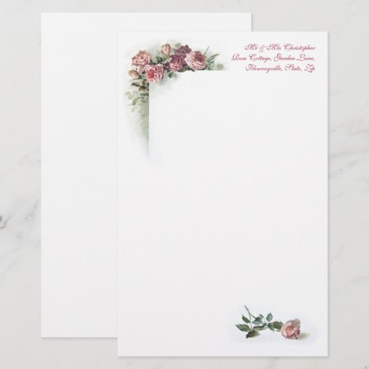 Roze rozen  kantoorbenodigdheden briefpapier (Voorkant / Achterkant)